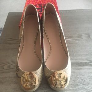 Brand New Tory Burch gold metallic python revas